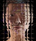 A photographic rendering of a simulated middle-aged white woman against a black background, seen through a refractive glass grid and overlaid with a distorted diagram of a neural network.