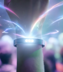 A hand wearing a smart wristband with light emanating from it