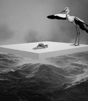 A surreal black‑and‑white scene shows a flat, rectangular platform floating above rough, stormy ocean waves. A small turtle sits near the center of the platform, while a tall wading bird with long legs and outstretched wings stands near the edge. The sky is dark and foggy, adding to the dramatic, dreamlike atmosphere.