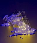 A stylized 3D map of the UK with glowing points connected by curved light trails, set against a dark blue background.