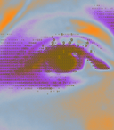 Image of an eye with a filter showing the shadings in purple and orange for illustration 