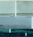 This image shows a fragmented panorama of a serene Finnish landscape, divided into four horizontal sections. The topmost section shows a distant shoreline dotted with buildings and rolling hills, painted in muted green-blue hues. Below, a body of water stretches across the frame. The third and fourth section show a zone of tall grass at the water's edge and some foliage from trees. The image color palette shifts subtly from pale aqua at the top to deeper teal tones at the bottom. This fragmented presentation of the landscape evokes thoughts of memory, perception, and the layered nature of our relationship with the environment.