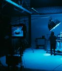 film production set with blue atmospheric light