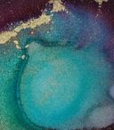 Abstract swirl of teal, blue, purple, and gold with a shimmering, textured appearance.