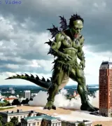 An AI generated giant green lizard man-monster stomps over New York City with dark skies in background