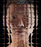 A photographic rendering of a simulated middle-aged white woman against a black background, seen through a refractive glass grid and overlaid with a distorted diagram of a neural network.