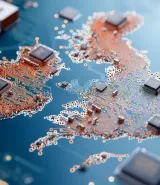 Stylised map of the United Kingdom created from circuit-board traces and microchips on a blue circuit board background, symbolising digital infrastructure, artificial intelligence and technology innovation.