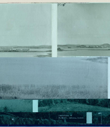 This image shows a fragmented panorama of a serene Finnish landscape, divided into four horizontal sections. The topmost section shows a distant shoreline dotted with buildings and rolling hills, painted in muted green-blue hues. Below, a body of water stretches across the frame. The third and fourth section show a zone of tall grass at the water's edge and some foliage from trees. The image color palette shifts subtly from pale aqua at the top to deeper teal tones at the bottom. This fragmented presentation of the landscape evokes thoughts of memory, perception, and the layered nature of our relationship with the environment.
