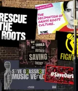 Collage of posters on a brick wall all displaying messages about saving Grass Roots Music Venues (illustration)