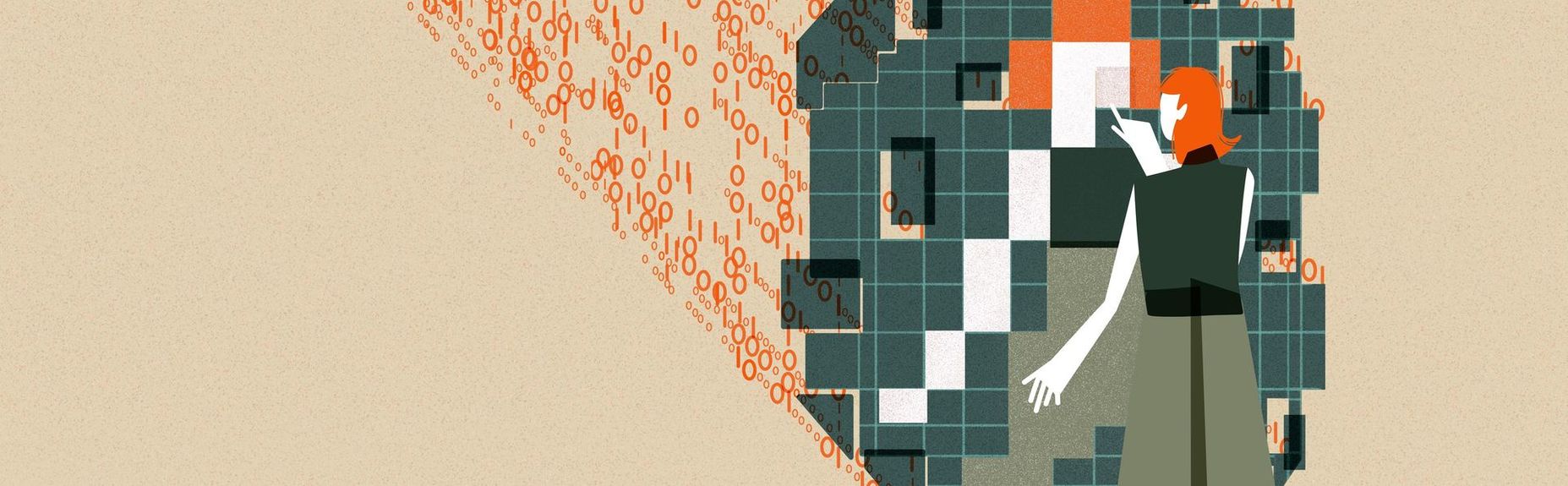 An artistic illustration by Yutong Liu (Kingston School of Art) depicting a woman interacting with a grid of digital tiles overlaid with binary code, representing AI creativity and human-technology collaboration