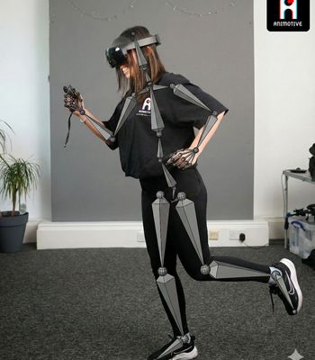 A woman wearing a VR headset poses in a mid-run position and a motion capture skeleton is superimposed on her body displaying how it would be rigged, an Animotive logo is the top right corner and a Google Gemini AI-Created watermark is displayed in the bottom right corner