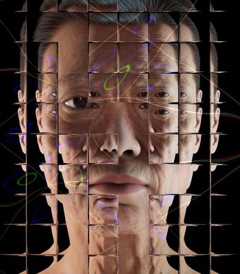 A photographic rendering of a simulated middle-aged white woman against a black background, seen through a refractive glass grid and overlaid with a distorted diagram of a neural network.