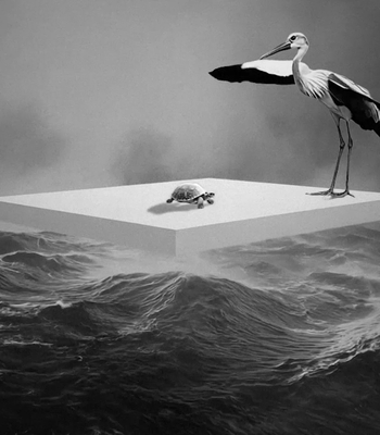 A surreal black‑and‑white scene shows a flat, rectangular platform floating above rough, stormy ocean waves. A small turtle sits near the center of the platform, while a tall wading bird with long legs and outstretched wings stands near the edge. The sky is dark and foggy, adding to the dramatic, dreamlike atmosphere.
