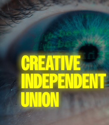 An open blue eye with 'Creative independent union' writen over the image.