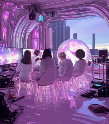 Three futuristic, neon‑lit rooms where groups of people interact with large digital displays, glowing installations, and immersive pink‑purple projections.