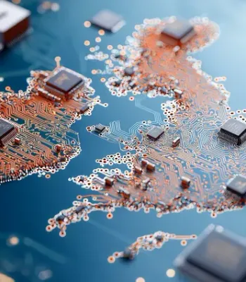 Stylised map of the United Kingdom created from circuit-board traces and microchips on a blue circuit board background, symbolising digital infrastructure, artificial intelligence and technology innovation.