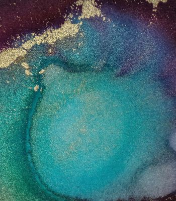 Abstract swirl of teal, blue, purple, and gold with a shimmering, textured appearance.