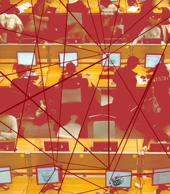 A computer lab with three rows of four desks, each occupied by students working at computers. Overlaying the computer lab are red lines connecting through nodes, symbolizing the flow of communication, data exchange, and interconnected networks.