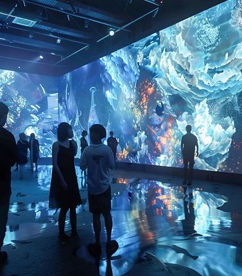 A large immersive digital art exhibition where multiple people stand in a dark room surrounded by massive floor‑to‑ceiling screens. The screens display vibrant underwater‑themed visuals, including swirling blue and white waves, abstract coral‑like shapes, glowing sea creatures, and bright bursts of color. Reflections of the animated projections shimmer across the glossy floor, making the room appear as if it is filled with water and light. Silhouettes of the visitors are visible against the vivid digital seascape.