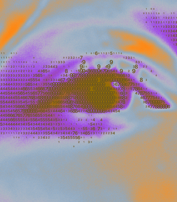 Image of an eye with a filter showing the shadings in purple and orange for illustration