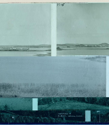This image shows a fragmented panorama of a serene Finnish landscape, divided into four horizontal sections. The topmost section shows a distant shoreline dotted with buildings and rolling hills, painted in muted green-blue hues. Below, a body of water stretches across the frame. The third and fourth section show a zone of tall grass at the water's edge and some foliage from trees. The image color palette shifts subtly from pale aqua at the top to deeper teal tones at the bottom. This fragmented presentation of the landscape evokes thoughts of memory, perception, and the layered nature of our relationship with the environment.