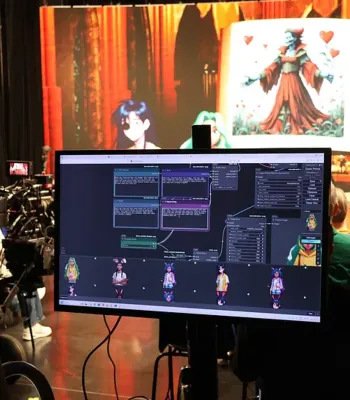 image of a computer screen with large screen behind it showing AI generated imagery with people performing in front of it and operating computers at a desk