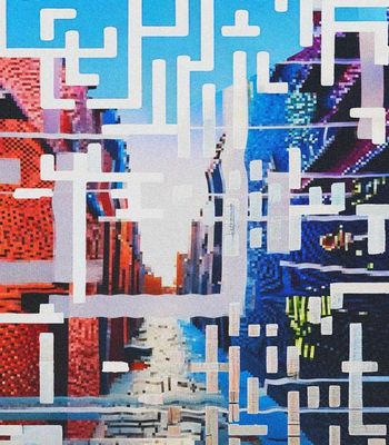 This image features 3 images of a street. Overlying the image are different shapes which are arranged to look like QR code symbols. These are in white/blue colours and intersect one another. The first image is clear, but the second is slightly more pixelated, and the final image is very pixelated. 