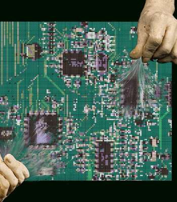 Two ceramic-like hands grip and pull on delicate threads that emerge from a "woven circuit board." The contrast between the rigid, heavy material of the hands and the soft, fragile threads creates a visual paradox, symbolising the insertion of human touch into the mechanised world. The image evokes a sense of personified anonymity, questioning whose histories and labours are being revealed or concealed when the threads of technology are pulled.