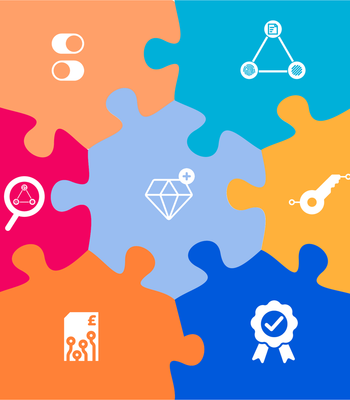 Colorful interlocking puzzle pieces forming a square, each with a white icon: a toggle switch; a three-node network diagram with a document; a magnifying glass over a small network; a diamond with a plus sign; a key-like tool; a document with a bar chart and currency symbol; and a checkmark ribbon.