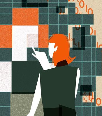 an illustration of a woman interacting with digital tiles which have binary code stretching behind it demonstrating AI creativity
