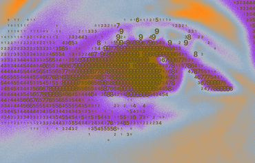 Image of an eye with a filter showing the shadings in purple and orange for illustration
