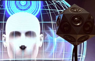 Studio Ulster interior Spatialiser microphone with image of person on VP screen in background 