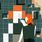 This image shows an individual with orange hair interacting with a large, abstract digital mirrored structure. The structure is composed of squares in varying shades of green, orange, white, and black which are pieced together to reflect the individual’s figure. The figure's hand is extended as if pointing to or interacting with the mirrored structure. Behind the  structure are streams of binary code (0s and 1s) in orange, flowing towards the digital grid.