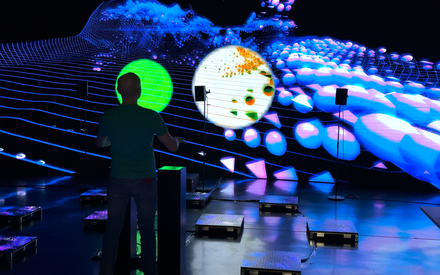 Rehearsal preparation for the MASS production taking place on the virtual production stage at Futures Studio, CoSTAR National Lab, January 2026