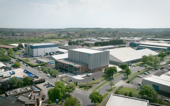 Aerial view of Production Park in Wakefield, Yorkshire, the site of the CoSTAR Live Lab, showing the campus and surrounding area
