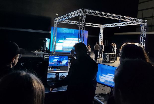 Interior of a virtual production studio at the Royal Conservatoire of Scotland, part of the CoSTAR Realtime Lab network