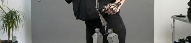 A woman wearing a VR headset poses in a mid-run position and a motion capture skeleton is superimposed on her body displaying how it would be rigged, an Animotive logo is the top right corner and a Google Gemini AI-Created watermark is displayed in the bottom right corner