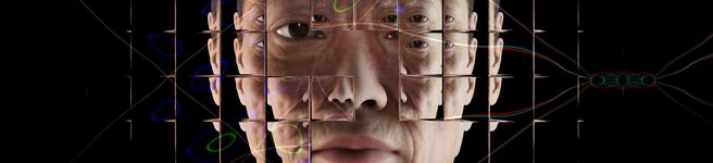 A photographic rendering of a simulated middle-aged white woman against a black background, seen through a refractive glass grid and overlaid with a distorted diagram of a neural network.