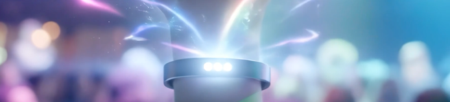 A hand wearing a smart wristband with light emanating from it
