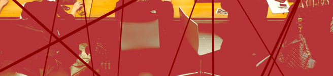 A computer lab with three rows of four desks, each occupied by students working at computers. Overlaying the computer lab are red lines connecting through nodes, symbolizing the flow of communication, data exchange, and interconnected networks. 