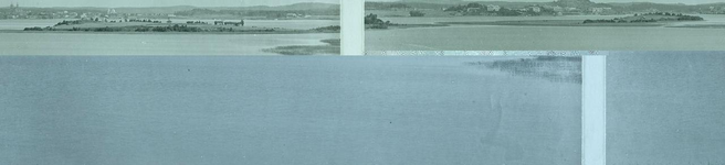 This image shows a fragmented panorama of a serene Finnish landscape, divided into four horizontal sections. The topmost section shows a distant shoreline dotted with buildings and rolling hills, painted in muted green-blue hues. Below, a body of water stretches across the frame. The third and fourth section show a zone of tall grass at the water's edge and some foliage from trees. The image color palette shifts subtly from pale aqua at the top to deeper teal tones at the bottom. This fragmented presentation of the landscape evokes thoughts of memory, perception, and the layered nature of our relationship with the environment.