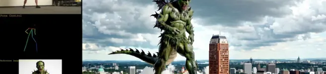 An AI generated giant green lizard man-monster stomps over New York City with dark skies in background