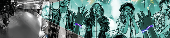 illustration of audience member viewing gig with interactive glasses in venue