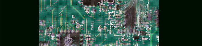 Two ceramic-like hands grip and pull on delicate threads that emerge from a "woven circuit board." The contrast between the rigid, heavy material of the hands and the soft, fragile threads creates a visual paradox, symbolising the insertion of human touch into the mechanised world. The image evokes a sense of personified anonymity, questioning whose histories and labours are being revealed or concealed when the threads of technology are pulled.