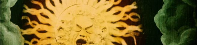 Still from an early animation showing a sun swallinging a train By Georges Méliès - Méliès: Fairy Tales in Color, Public Domain, Creative Commons