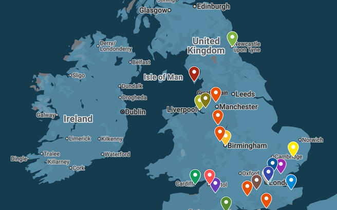 Map of the UK showing pins across the country indicating venues