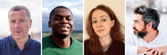 All your tommorrows people - three men and a woman camera facing headshots with different backgrounds