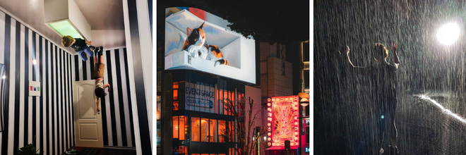 Left to right: The Reversed Room at Illuseum Berlin, where a rotated set makes visitors appear to stand on the ceiling, creating an upside-down gravity effect. Photo: © A. Woods, 2023. 3D digital signage at Shinjuku train station. © Suicasmo, 2021, CC BY-SA 4.0. Rain Room, Sharjah Art Foundation, 2018: an installation by Random International where visitors walk through simulated rainfall whilst remaining mostly dry. © Wikimedia Commons, licensed under CC BY-SA 4.0.