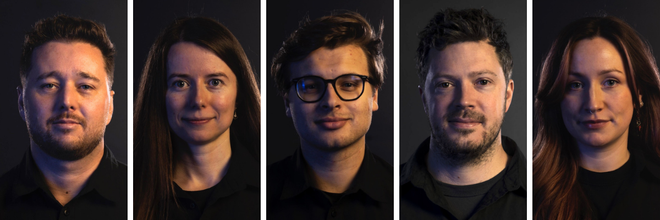 Five head shots of people who work for visual skies looking at the camera with dramatic lighting all wearing black polo shirts with the Visual Skies Logo on it 