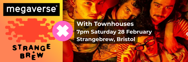 Megaverse and Strange Brew banner image with text details for time and location over the faces of four Strange Brew band members